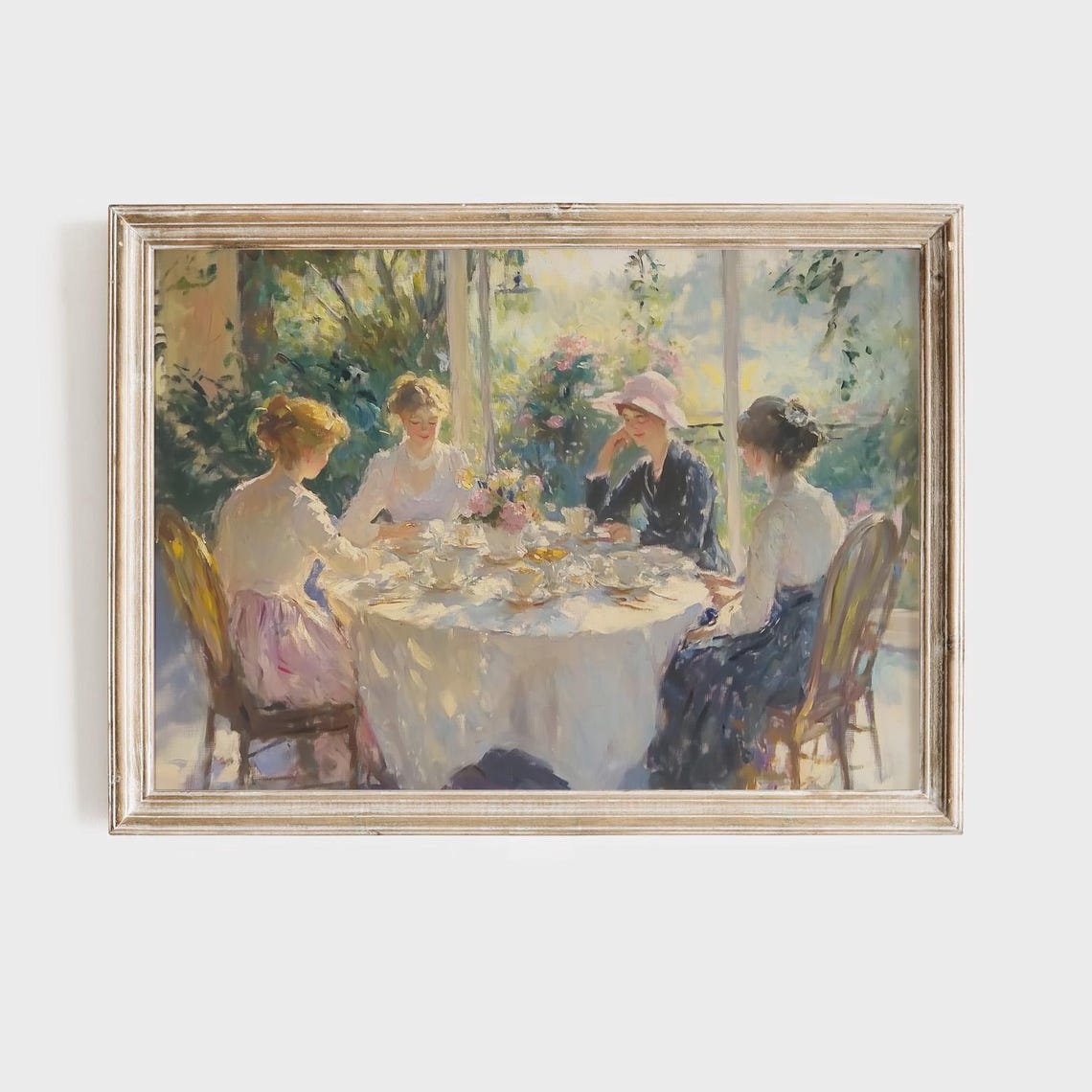 Four Ladies Taking Tea on a Sunlit Garden Terrace Vintage Style Poster