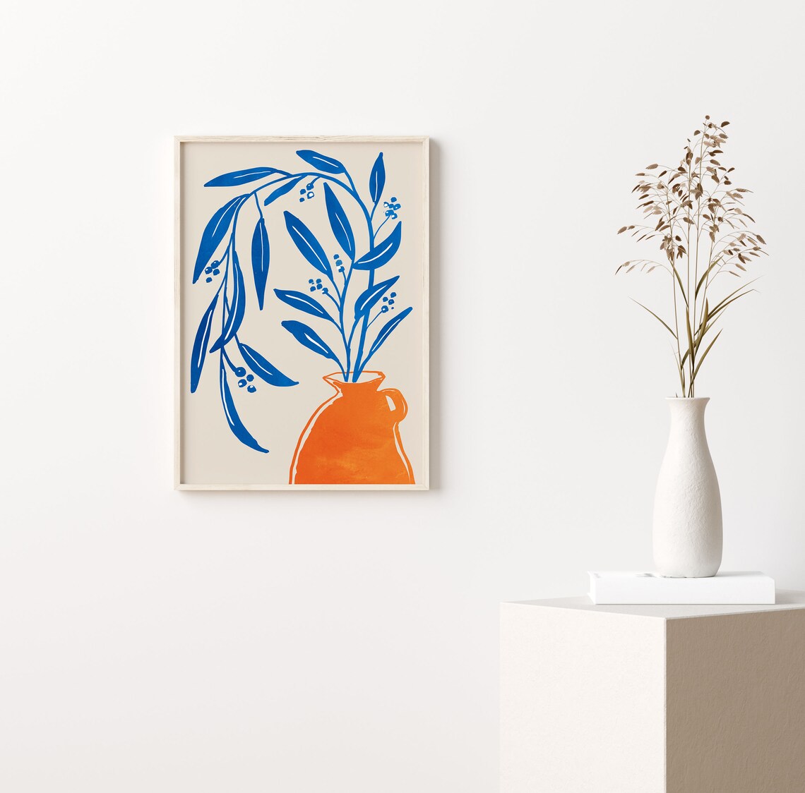 Cobalt Blue Leaves Orange Vase Bold Botanical Modern Poster Decor - Image 3