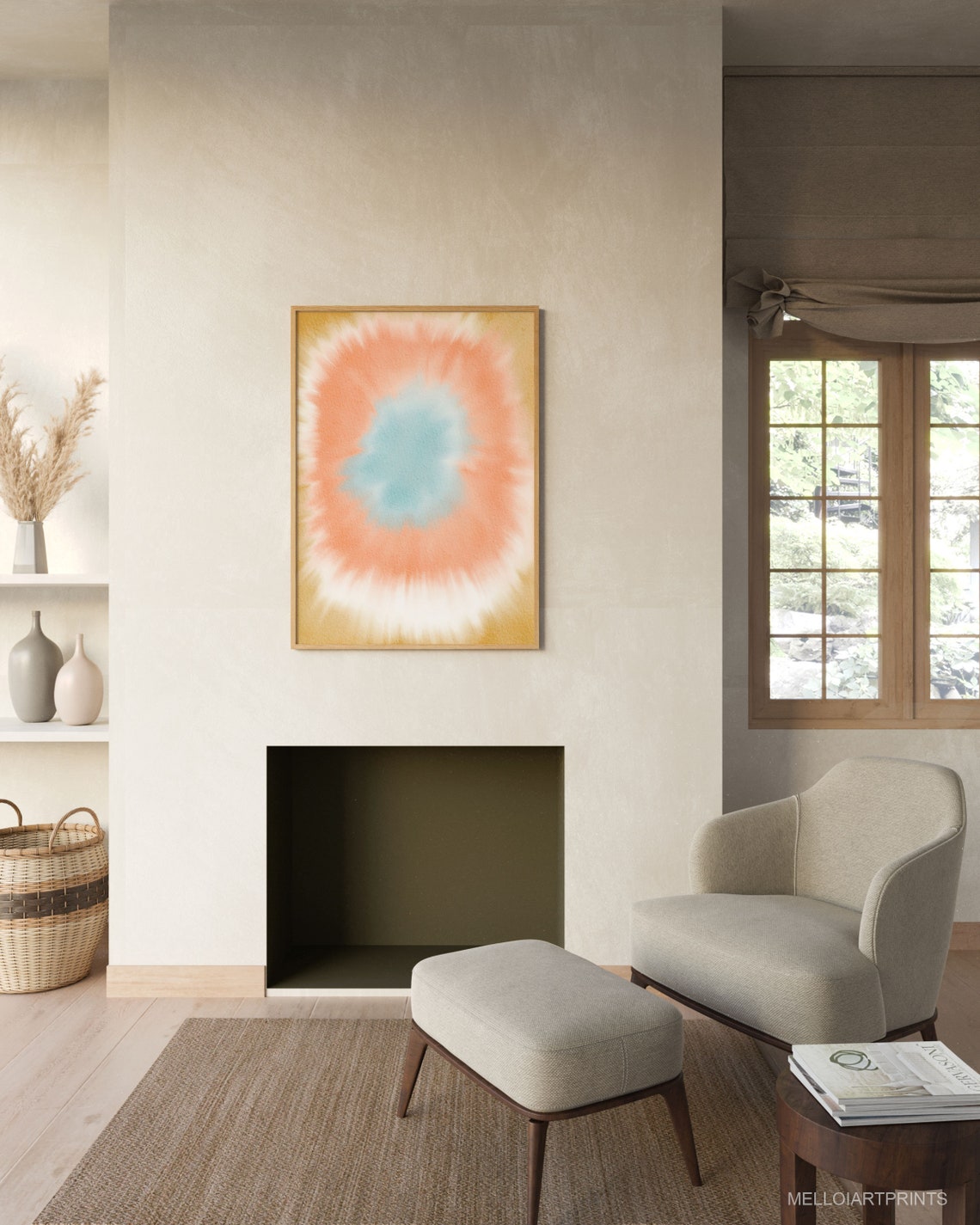 Coral Turquoise Tie Dye Watercolor Abstract Boho Circle Wall Art - Image 3