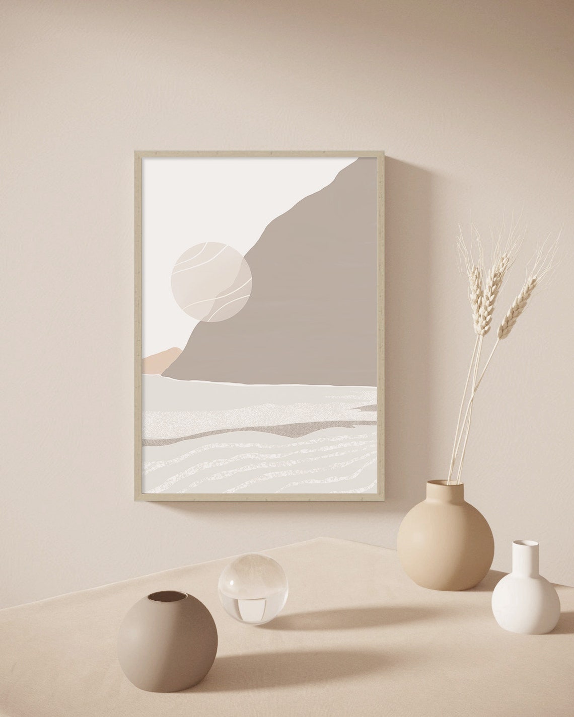 Neutral Beige Mountain Moon Minimalist Landscape Painting Poster