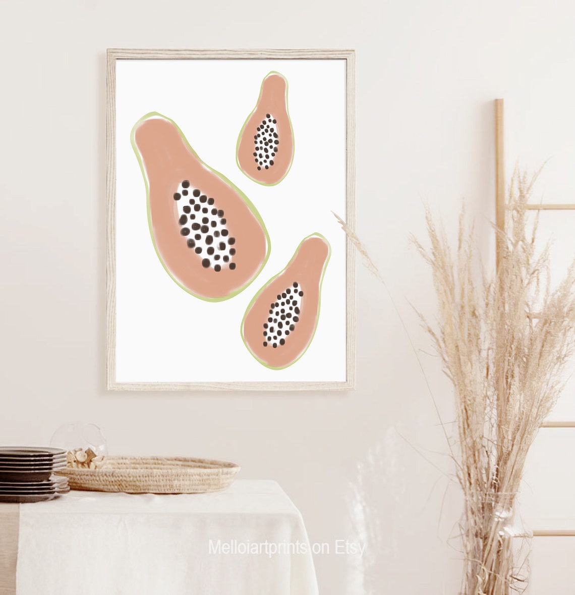 Papaya Halves Soft Pink Fruit Illustration Kitchen Boho Poster - Image 2