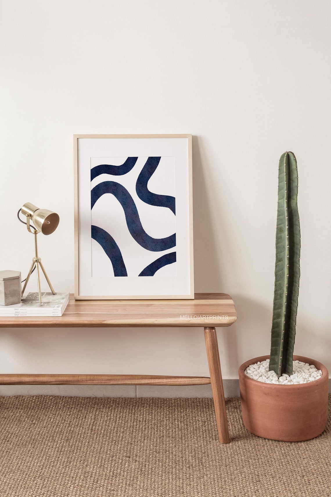 Navy Blue Flowing Curved Lines White Abstract Watercolor Poster - Image 3