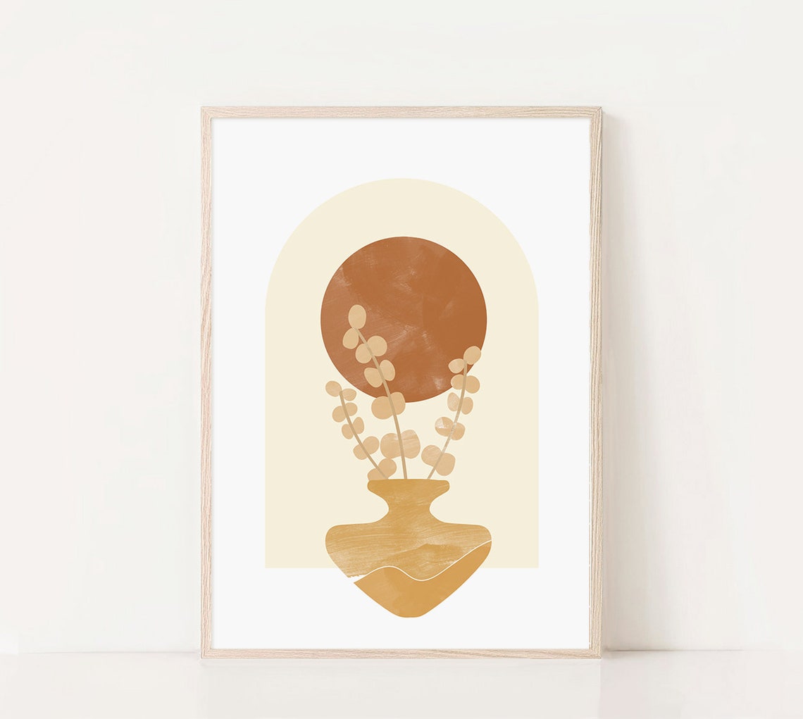 Terracotta Sun Botanical Art Vase Eucalyptus Modern Boho Wall Poster