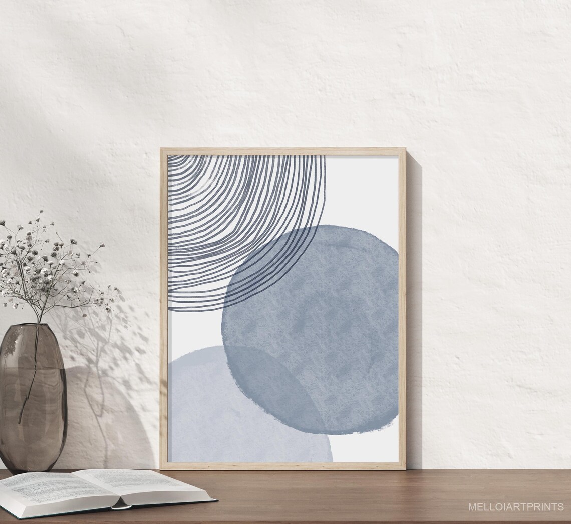 Blue Gray Geometric Circle Line Art Print - Image 3