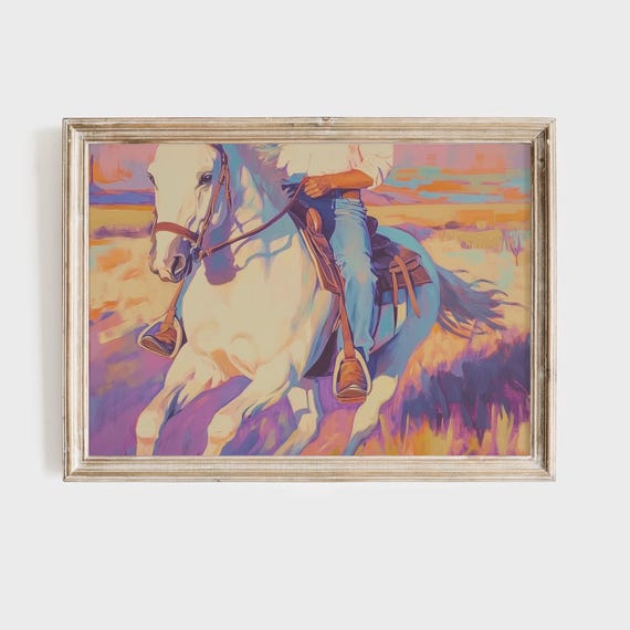 Vibrant Cowboy Art Print Colorful Western Wall Decor White Horse And Rider In Sunset Southwestern Home Decor Bold Brush Stroke Painting