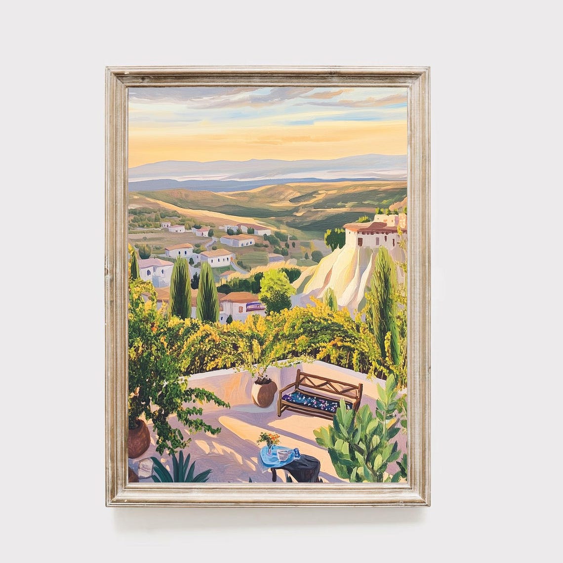 Painted Mediterranean Terrace Overlooking Village Sunset Art Print