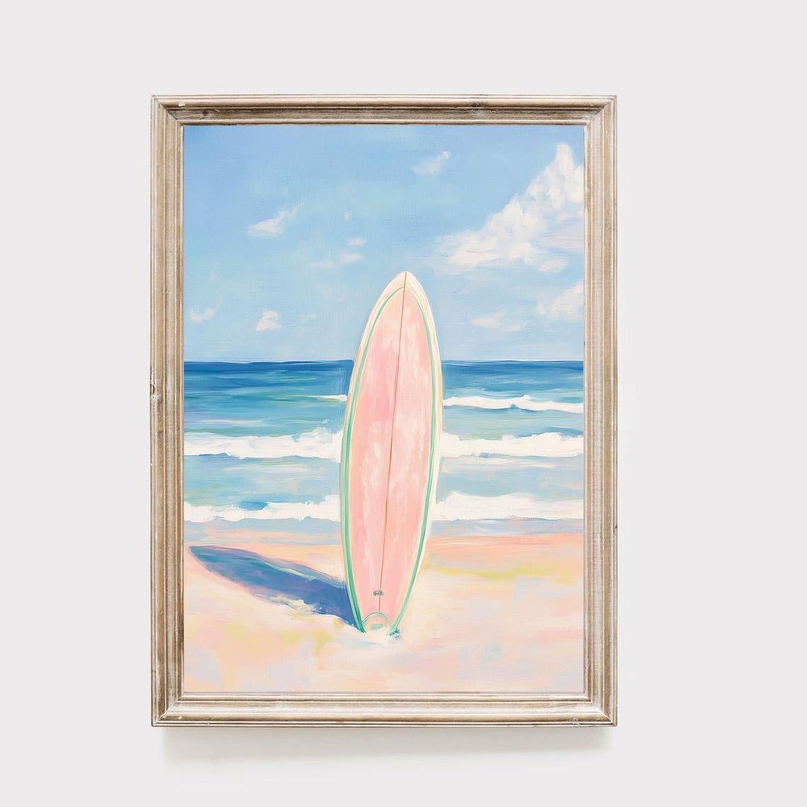 Pink Surfboard Sandy Beach Ocean Waves Coastal Surfing Poster