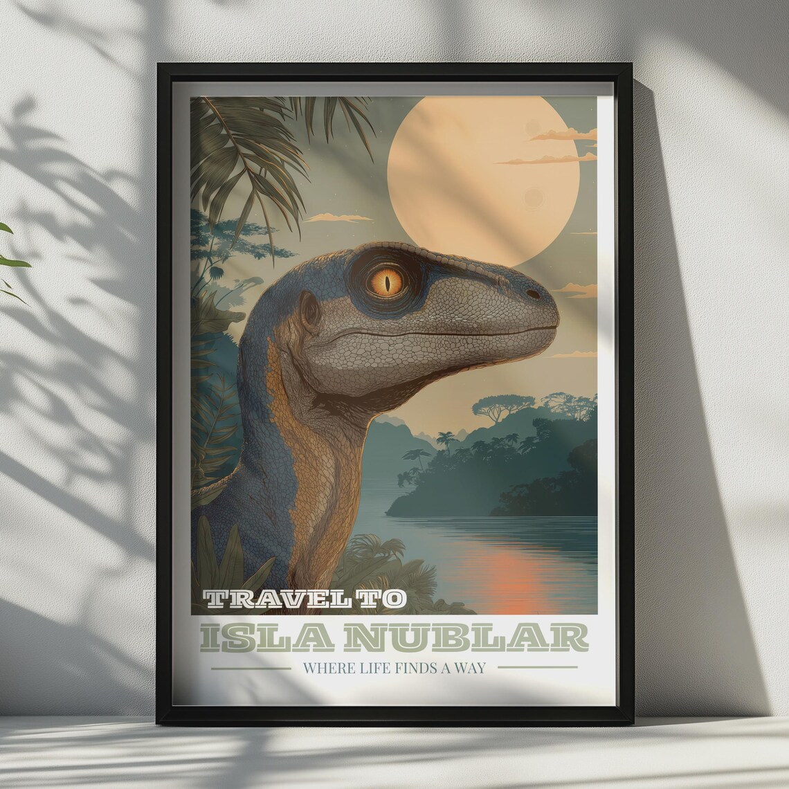 Isla Nublar Velociraptor Travel Poster, Moonlit Jungle