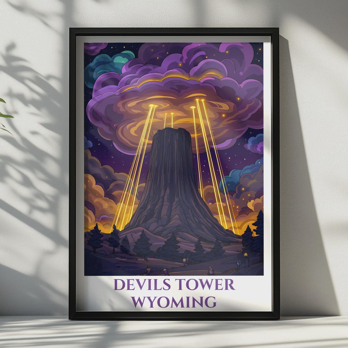 Devils Tower Wyoming Night Sky Light Beams Vintage Travel Art Poster