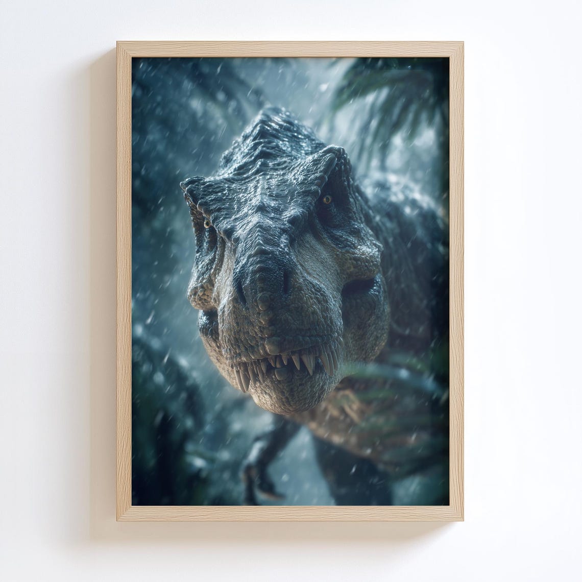 Realistic Tyrannosaurus Rex In Rain Close Up Moody Jungle Art Poster