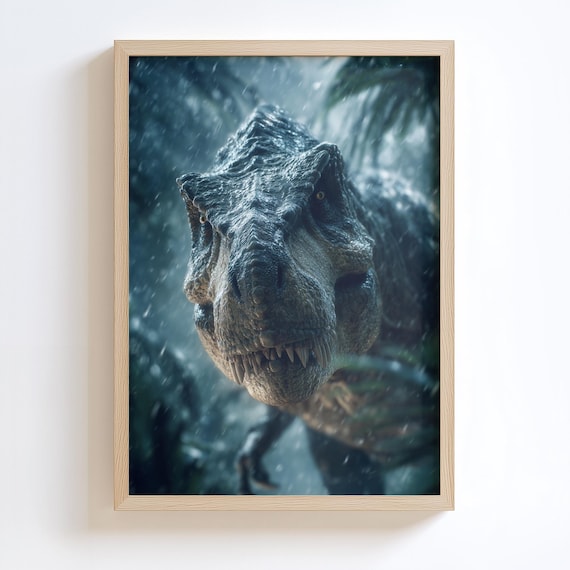 Realistic Tyrannosaurus Rex In Rain Close Up Moody Jungle Art Poster