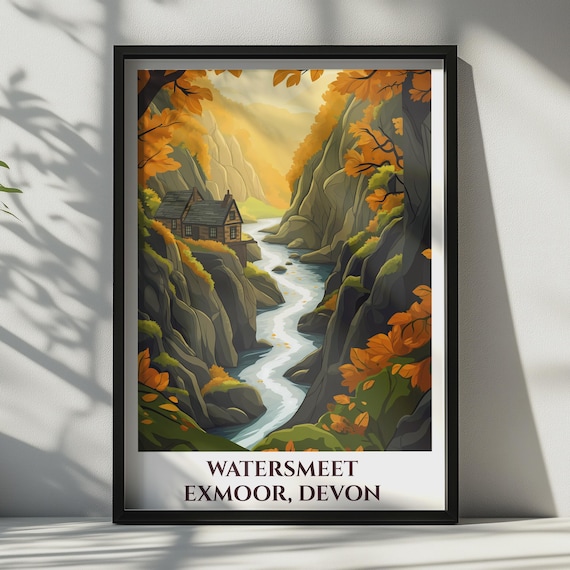 Watersmeet Exmoor Devon Autumn River Gorge Cabin Travel Poster