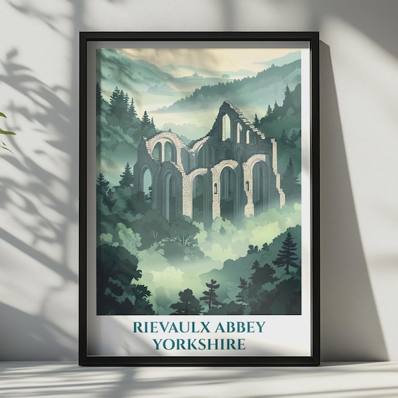 Rievaulx Abbey Yorkshire Misty Ruins Forest Vintage Travel Art Poster