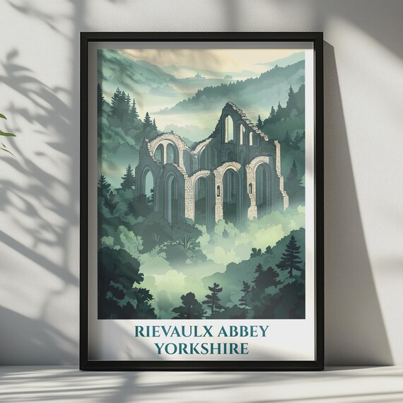 Rievaulx Abbey Yorkshire Print Travel Poster England Ruins Wall Art Misty Forest