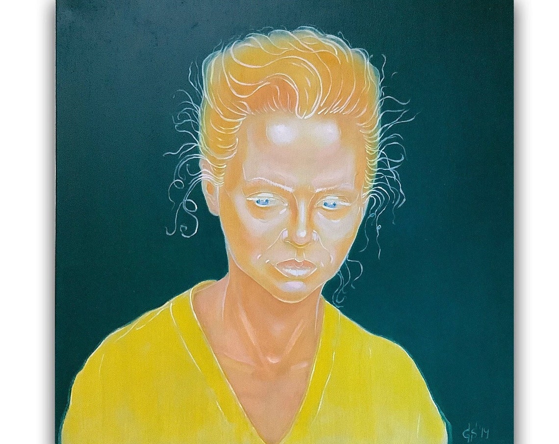 Abstract Woman Portrait Yellow On Teal Modern Mixed Media Poster