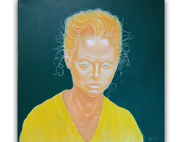 Abstract Woman Portrait Yellow On Teal Modern Mixed Media Poster
