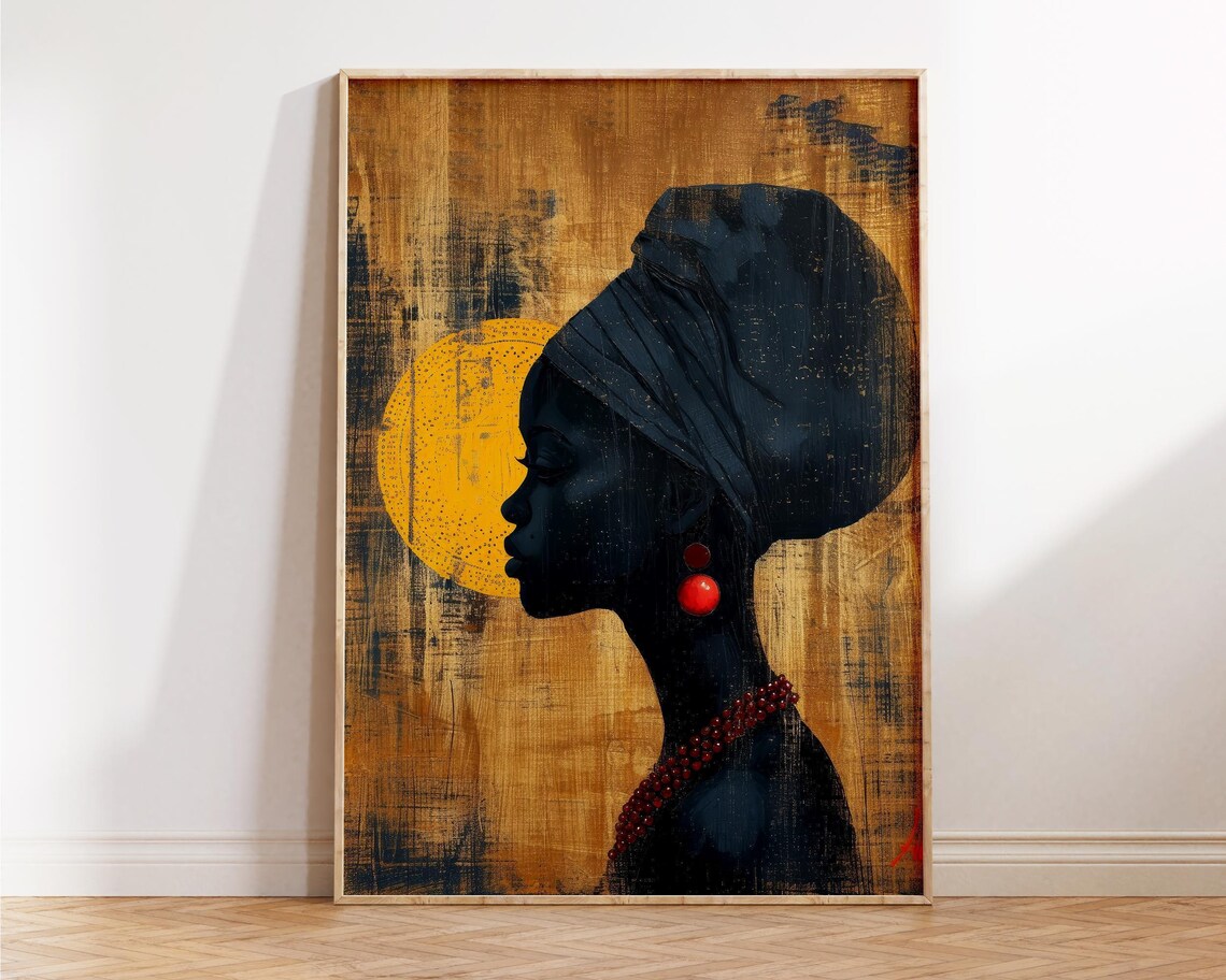 African Woman Silhouette Golden Sun Modern Portrait Art Poster