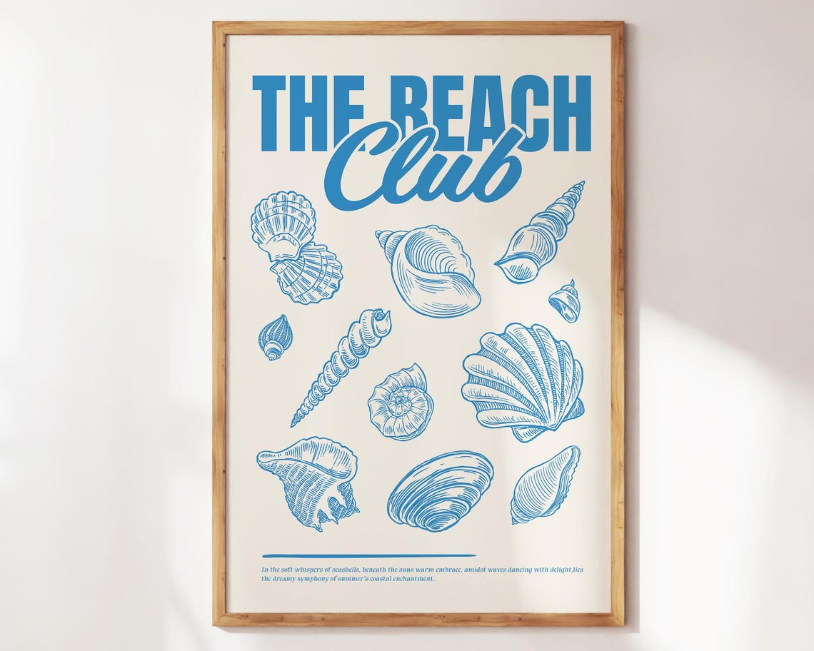 The Beach Club Blue Shell Illustrations Coastal Retro Poster
