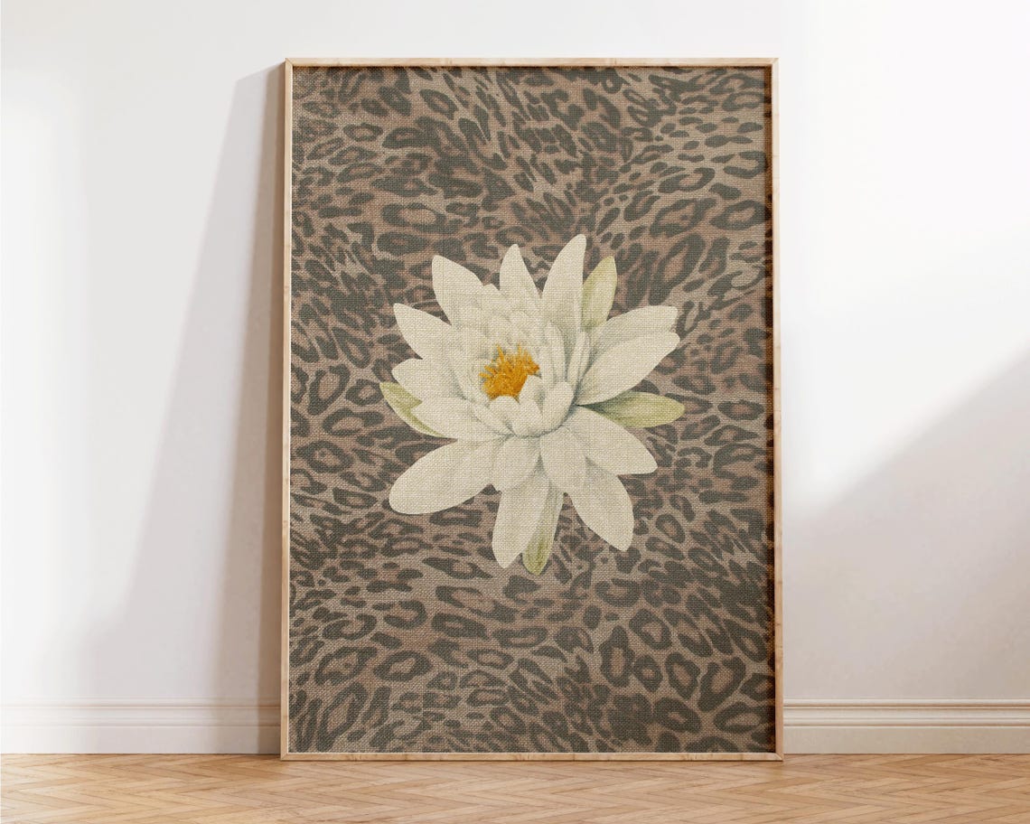 Leopard Pattern White Lotus Flower Vintage Botanical Jungle Poster