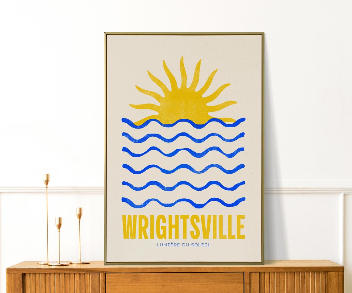 Wrightsville Lumiere du Soleil Yellow Sun Blue Waves Beach Poster