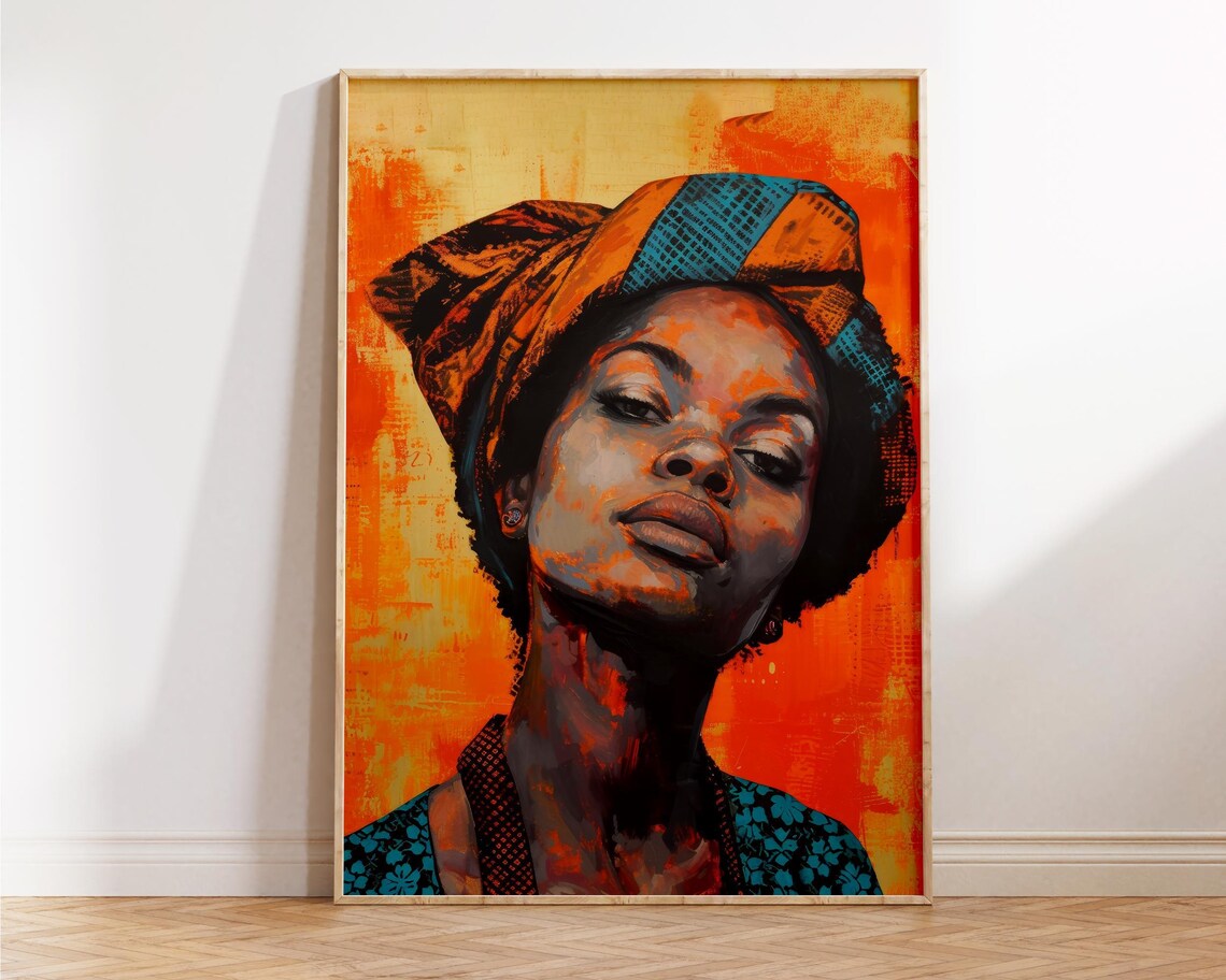 African Woman Headwrap Portrait Vibrant Orange Teal Art Poster