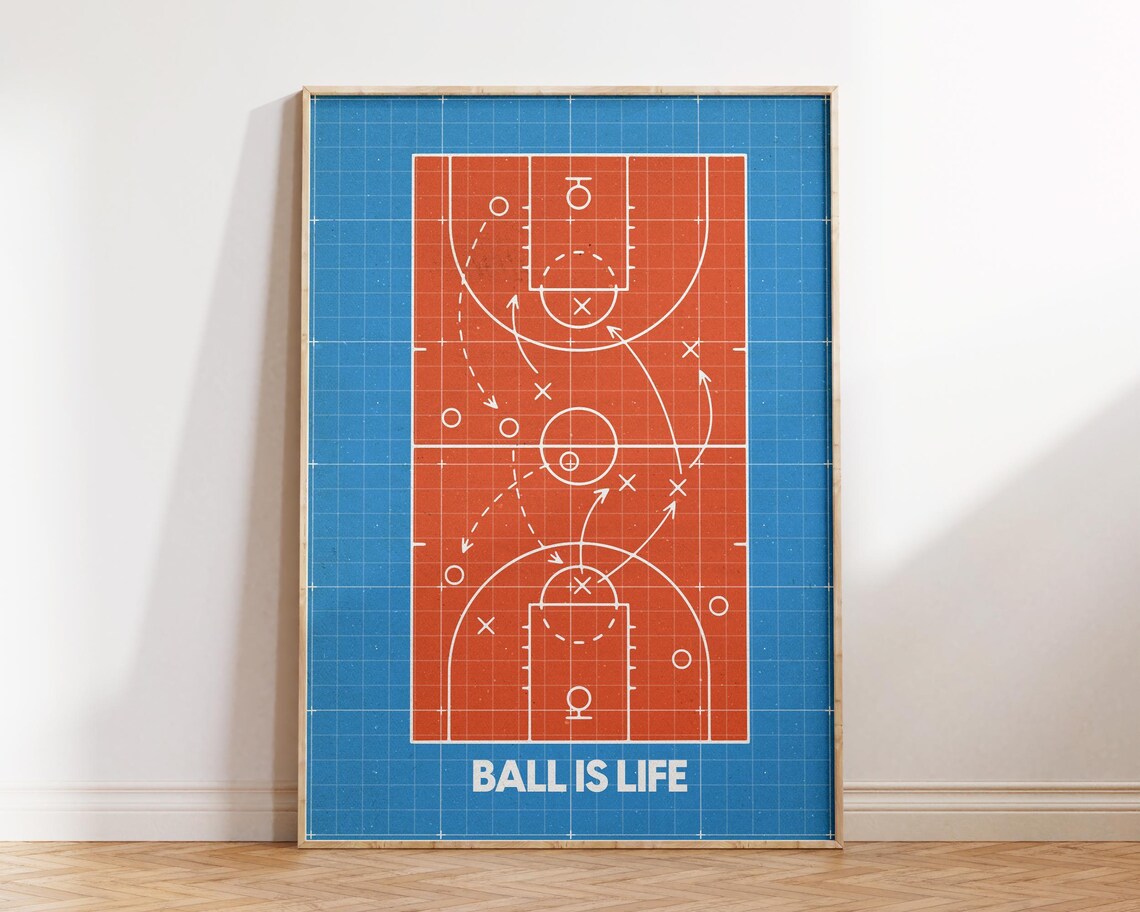 Ball Is Life Basketball Tactic Blueprint Blue and Orange Sports Poster