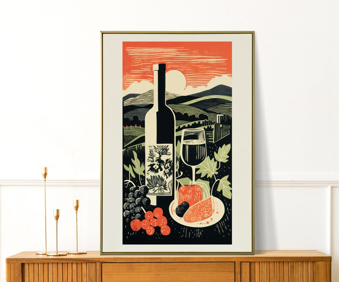 Retro Wine Linocut Vineyard Sunset Bottle Glass Kitchen Poster