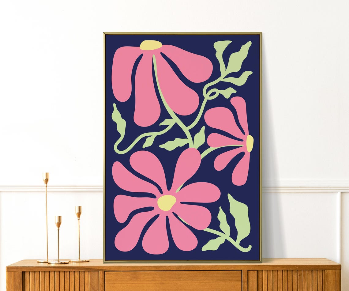 Bold Pink Blooms on Navy Modern Botanical Floral Wall Poster