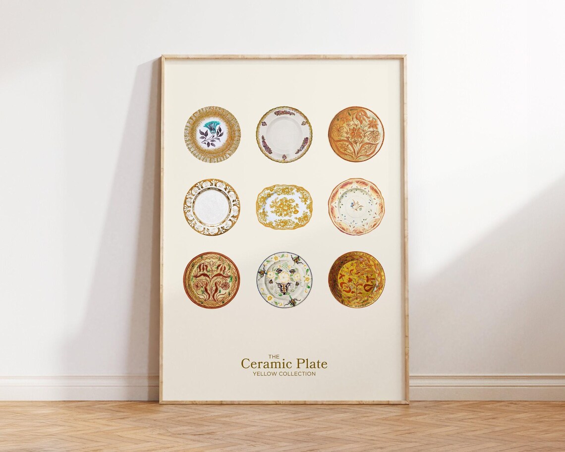 The Ceramic Plate Yellow Collection Poster with Nine Antique Decorative Dishes