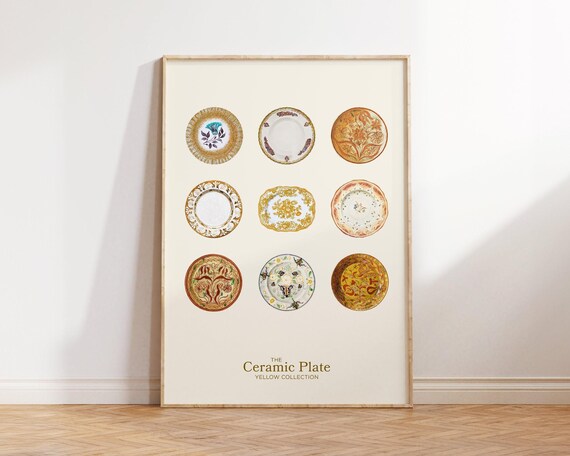 The Ceramic Plate Yellow Collection Poster with Nine Antique Decorative Dishes