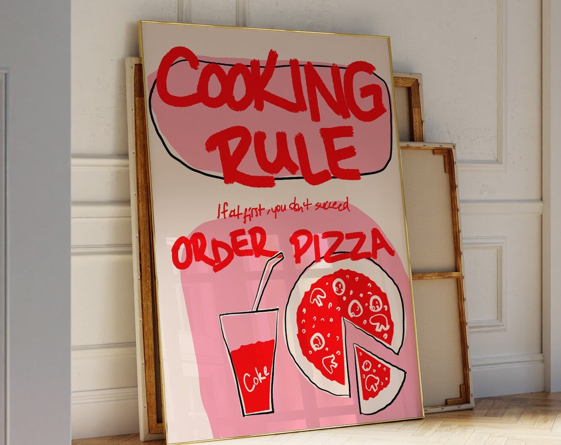 Cooking Rule Order Pizza Funny Kitchen Quote Pink Art Poster - Image 3