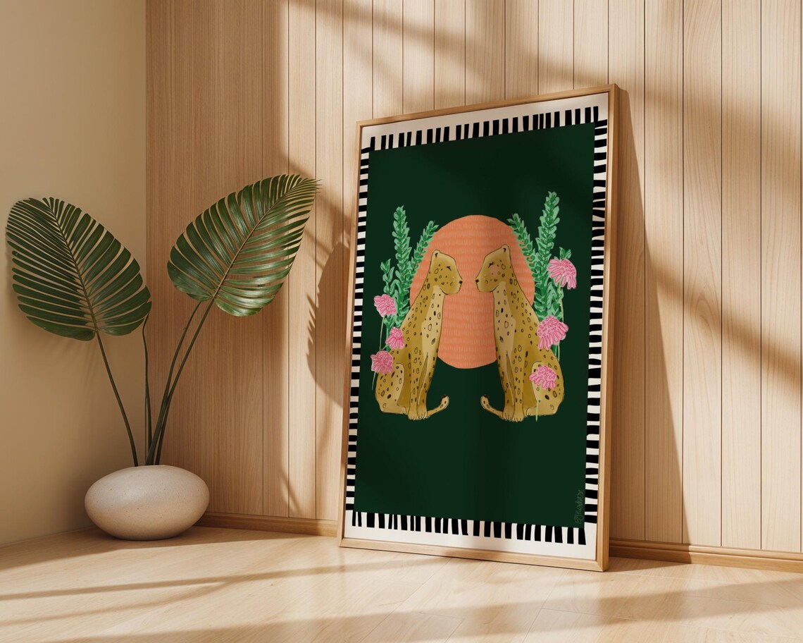 Twin Cheetahs With Pink Flowers Dark Green Nursery Decor Poster - Image 2