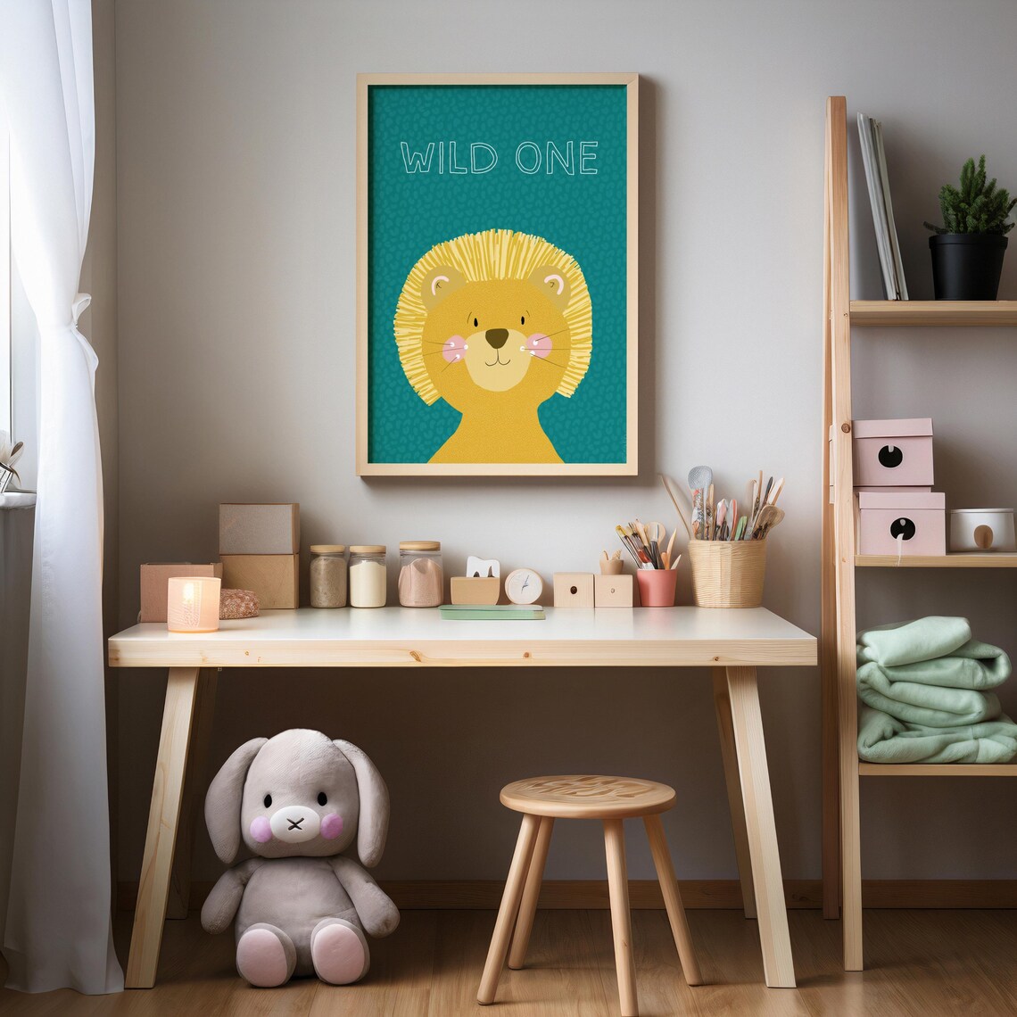 Wild One Cute Lion Teal Nursery Kids First Birthday Party Decor Poster - Image 3