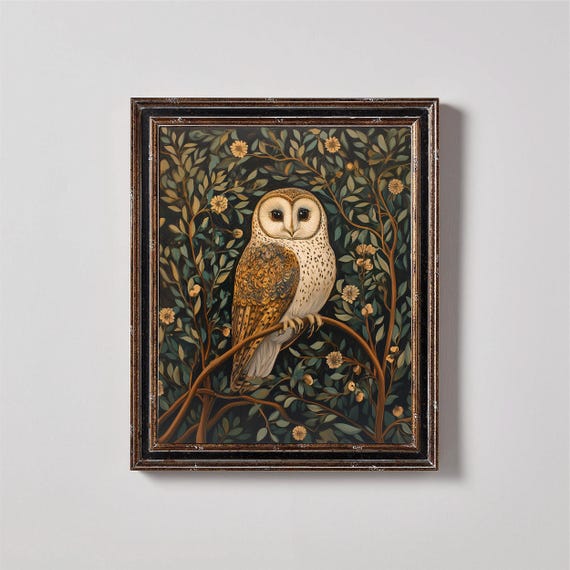 Fall Decor Owl Oil Painting, Moody Bird Art Print