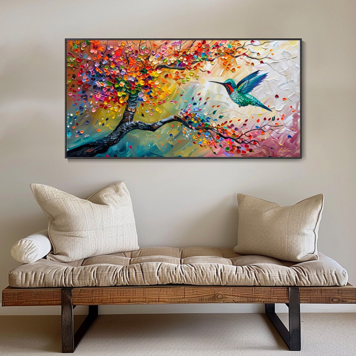 Colorful Hummingbird Tree Scenery, Impressionist Art Print - Image 3