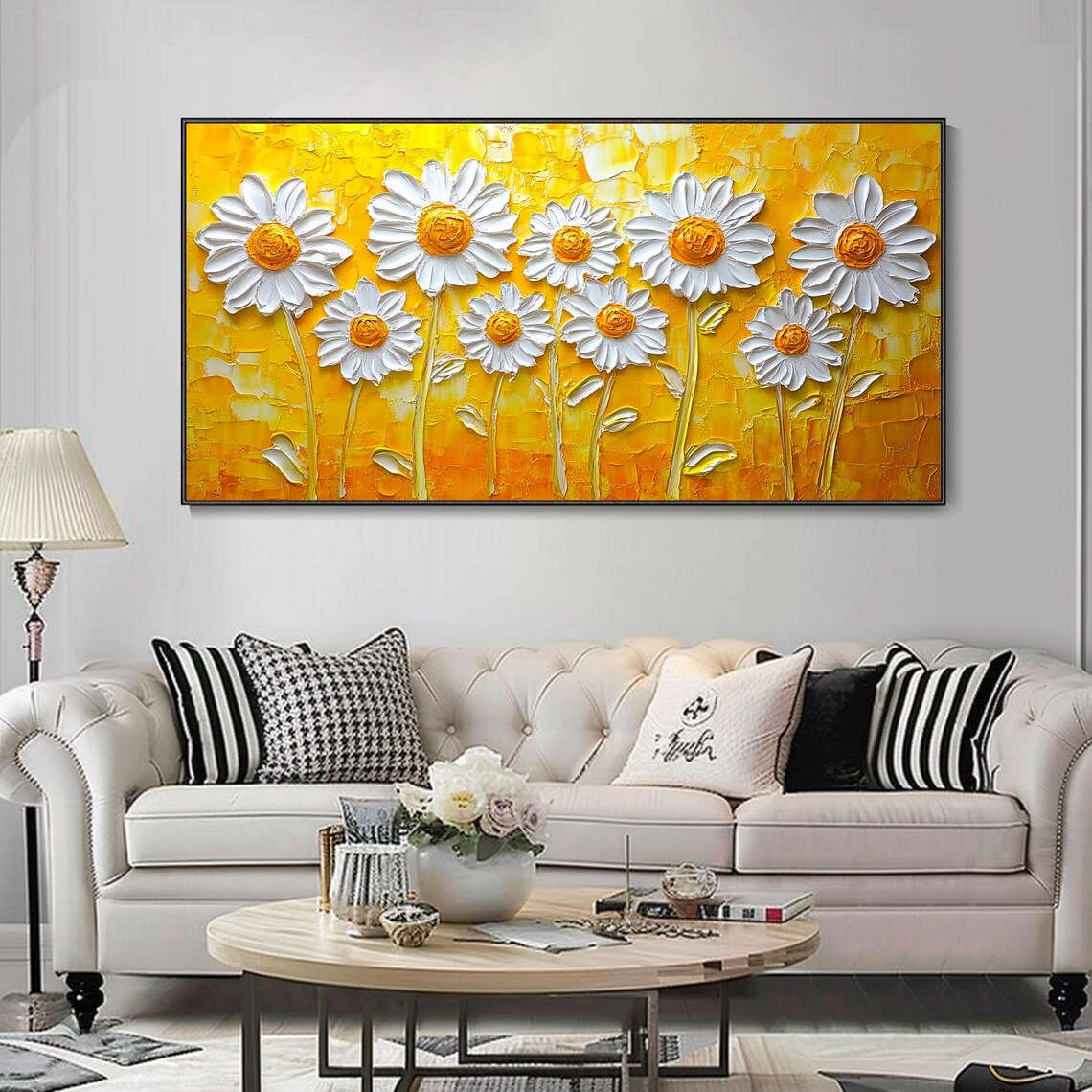 White Daisies On Golden Yellow Textured Floral Painting Poster - Image 4