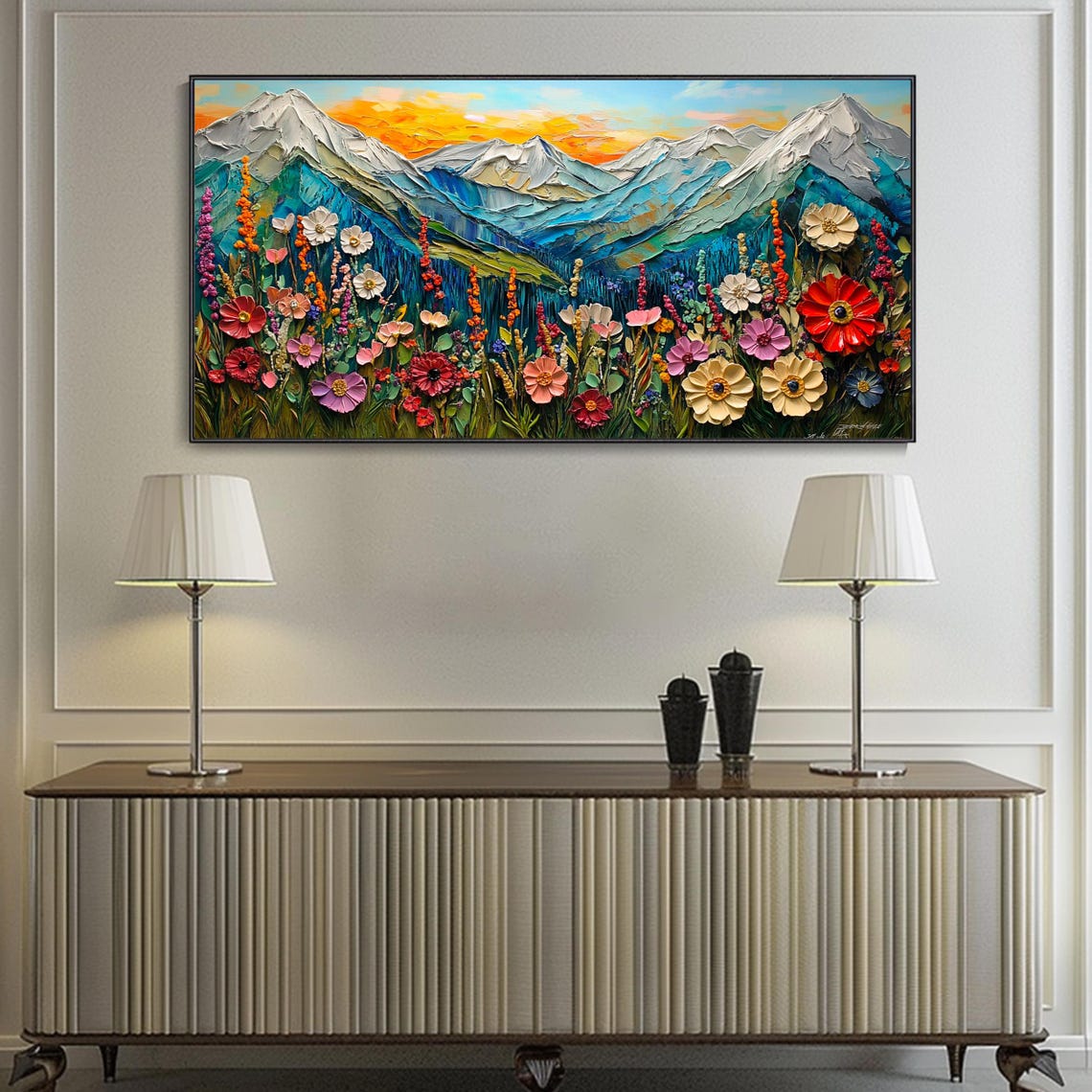 Mountain Valley Wildflowers With Snowy Peaks Sunset Glow Poster - Image 2