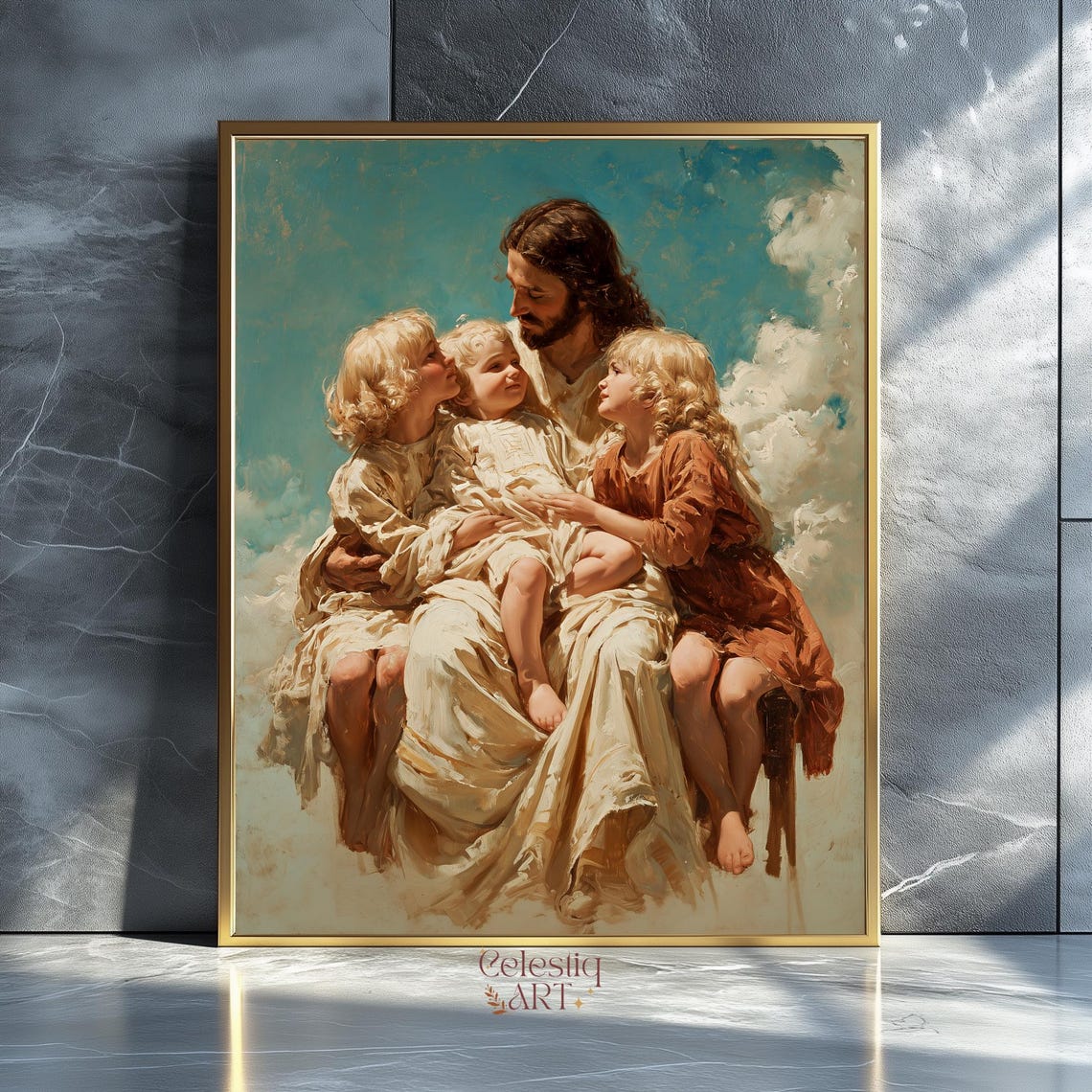 Jesus Christ With Children In Clouds Christian Painting Poster