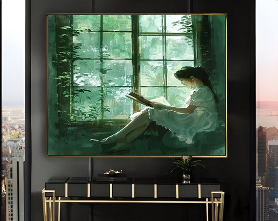Woman Reading on a Window Seat in Green Garden Light Art Poster