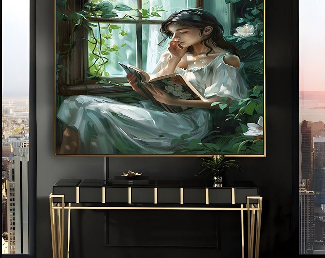 Woman Reading in a Light-Filled Botanical Window Nook Poster