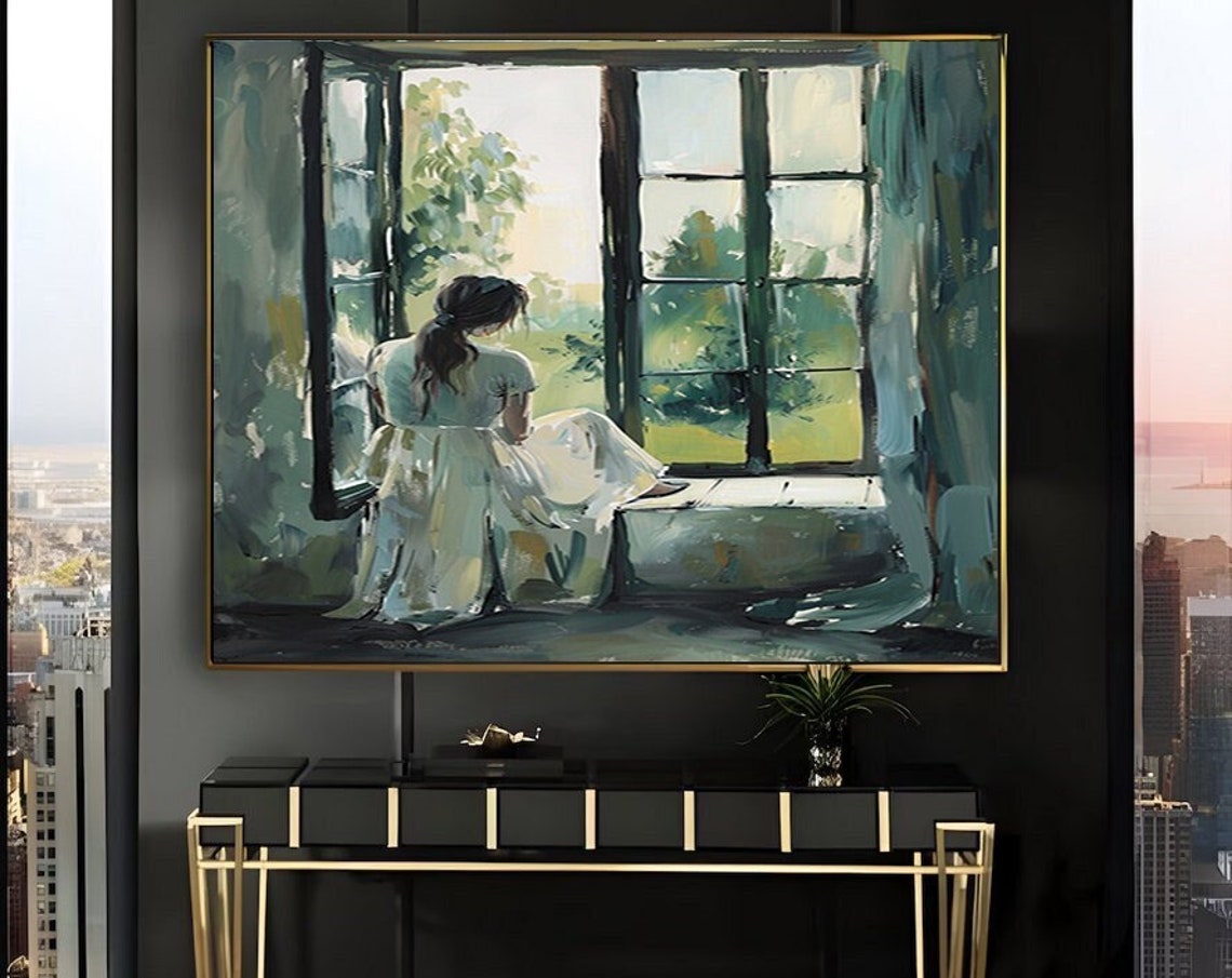 Woman in a White Gown Reading at an Open Window Oil Art Poster