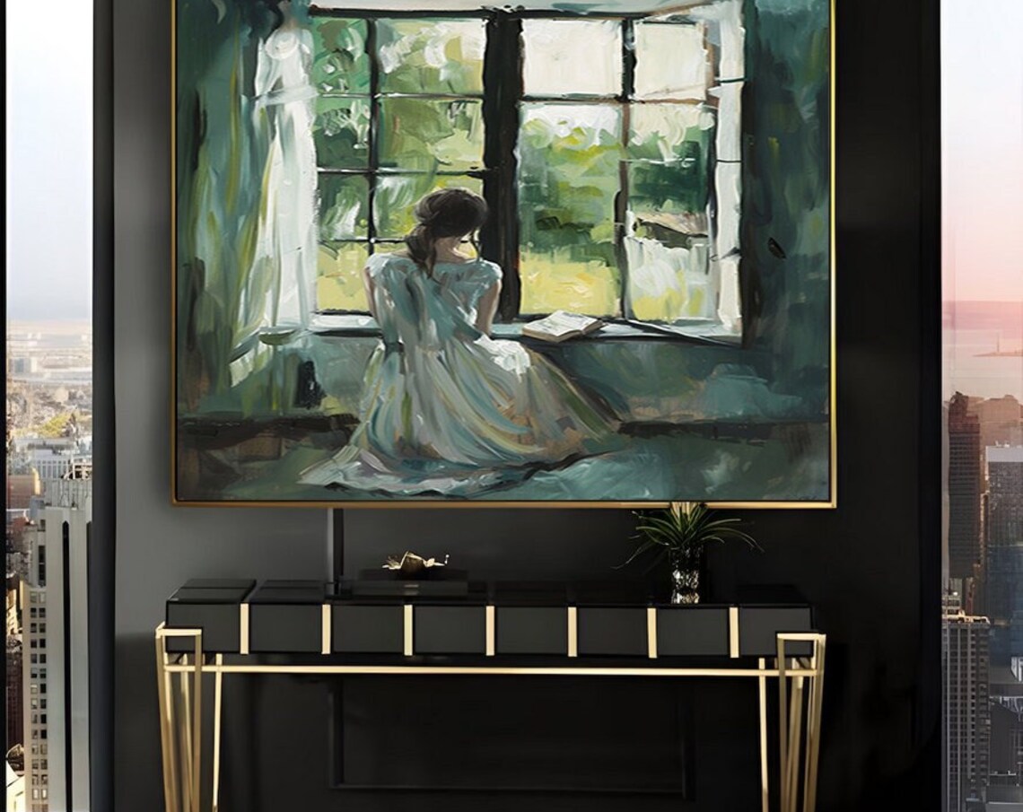 Woman at a Window with an Open Book Vintage Oil Painting Poster