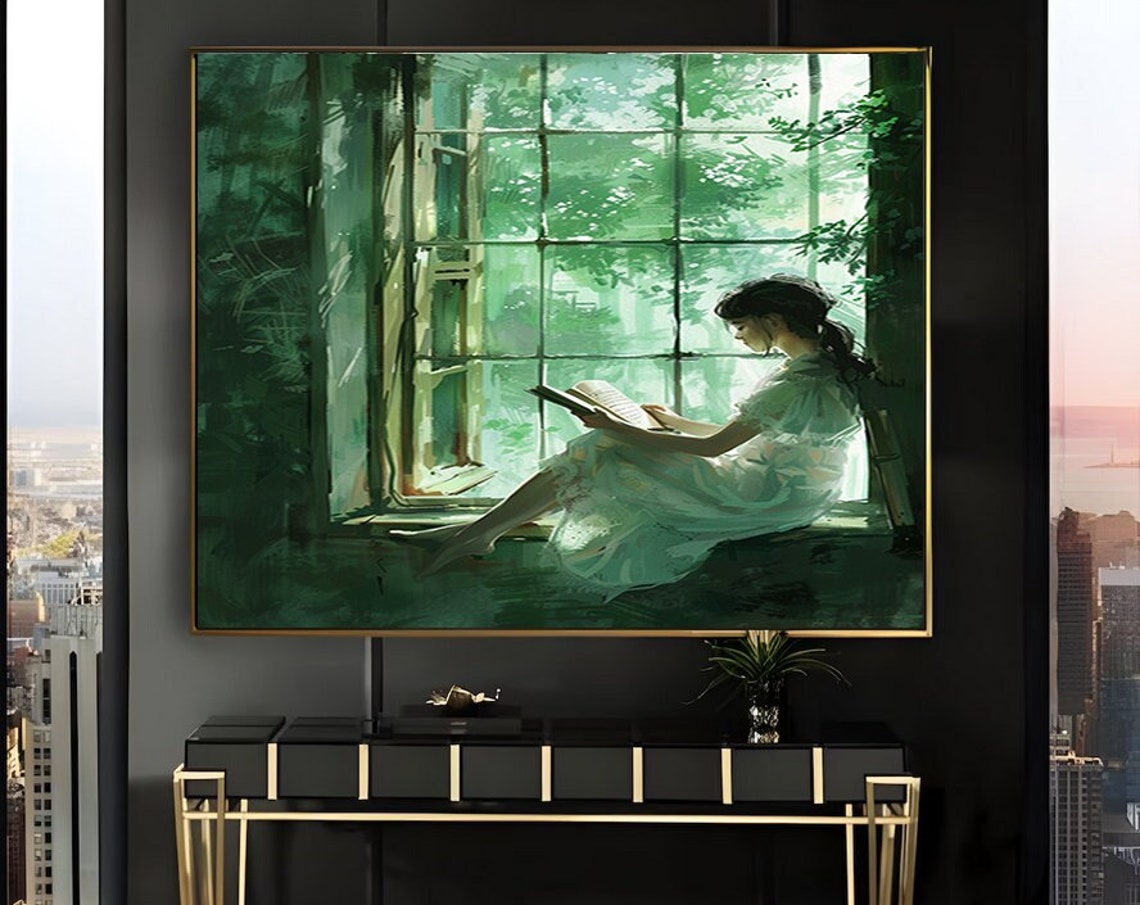 Woman Reading by a Sunlit Window Framed with Ivy Vines Poster