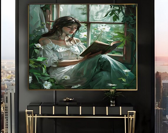 Woman Reading Among White Flowers Vintage Oil Painting Poster