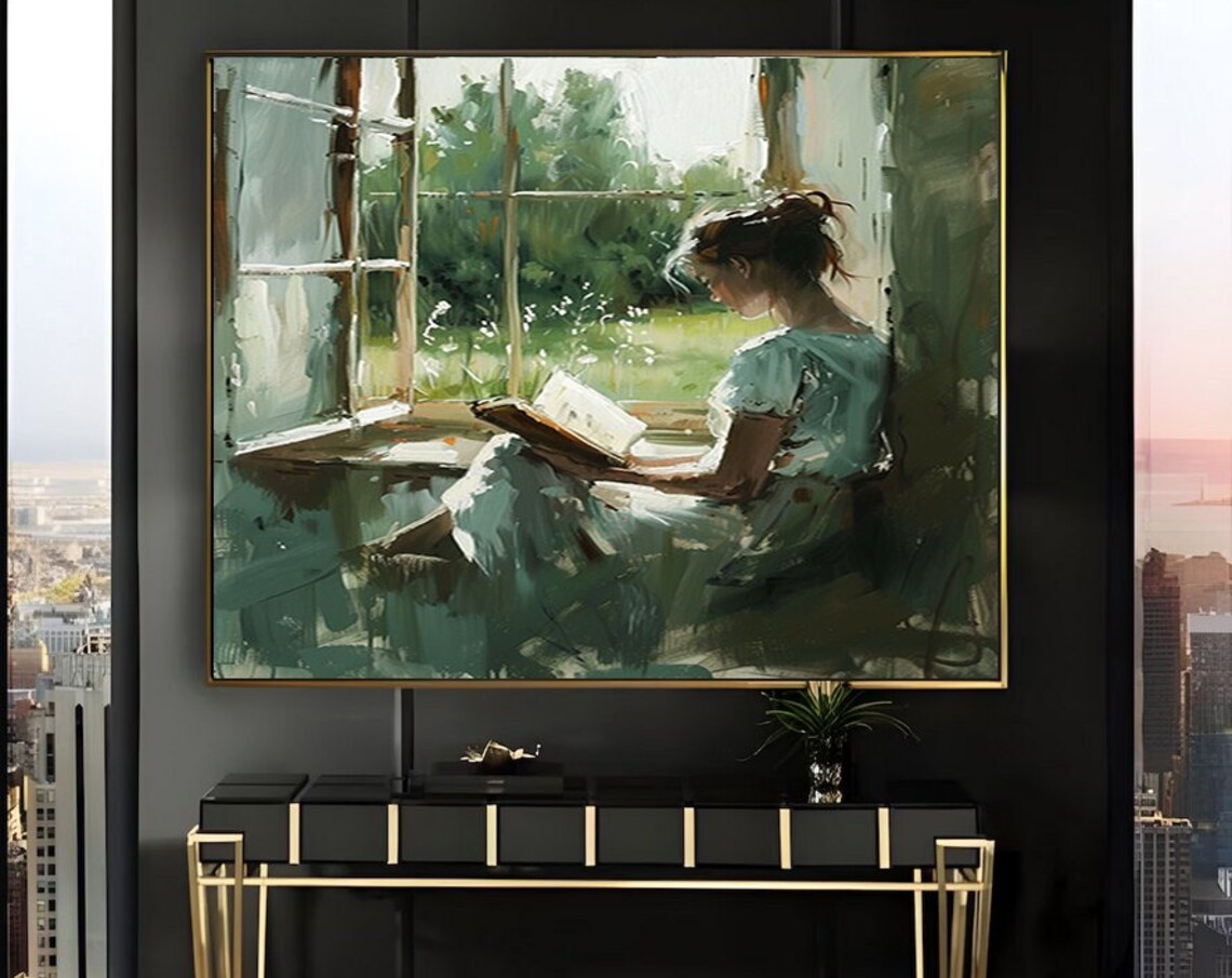 Woman Reading on a Windowsill Vintage Impressionist Art Poster