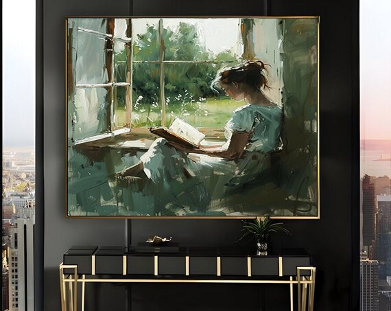 Woman Reading on a Windowsill Vintage Impressionist Art Poster