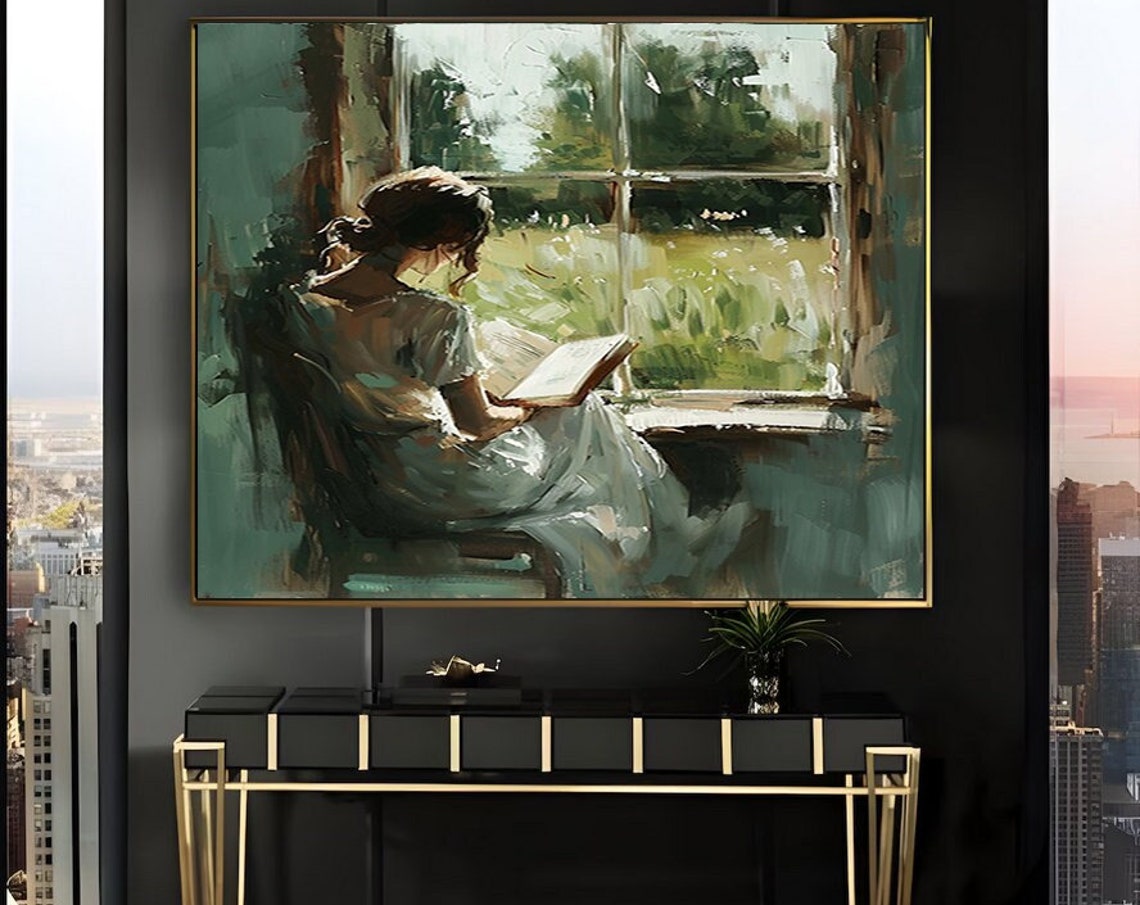 Woman Reading by a Tall Vine-Covered Window in Oil Art Poster