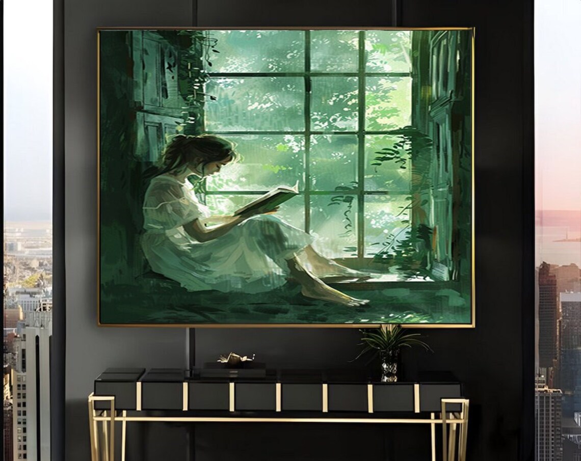 Barefoot Woman Reading by a Tall Green Window Vintage Oil Painting Poster