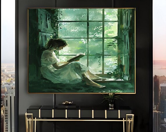 Barefoot Woman Reading by a Tall Green Window Vintage Oil Painting Poster