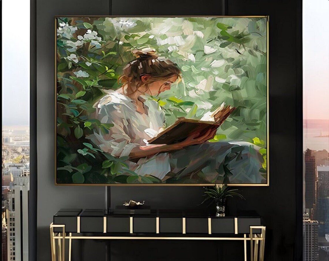 Woman Reading in a Flowering Garden Nook Oil Painting Poster